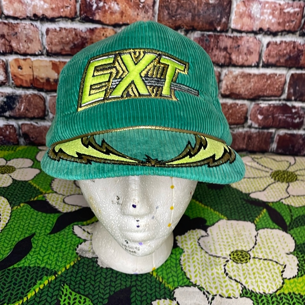 Vintage corduroy green EXT snowmobile adjustable hat 1970s embroidered gold logo